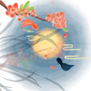 中国风水彩水墨桃花双鱼戏明月手