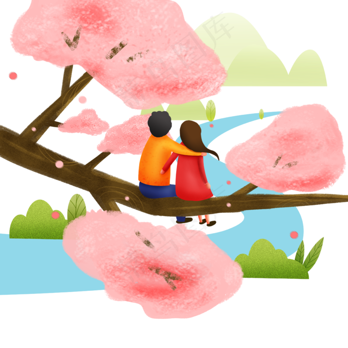 手绘春分看风景的情侣,免抠元素