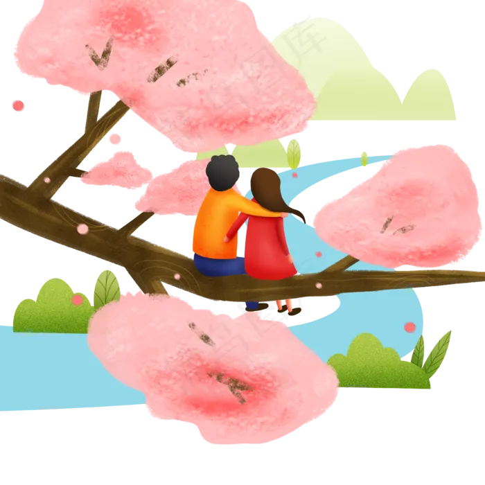 手绘春分看风景的情侣,免抠元素(2400X2400(DPI:300))psd模版下载