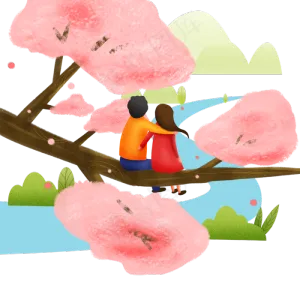 手绘春分看风景的情侣,免抠元素