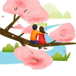 手绘春分看风景的情侣,免抠元素