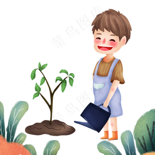 手绘种树小孩png图,免抠元素