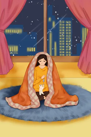 小寒节气在家裹被子取暖的女孩