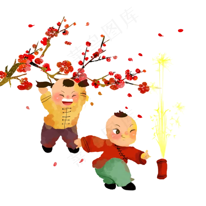 水彩春节孩童放鞭炮,免抠元素(2000X2000(DPI:300))psd模版下载