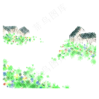 国画水墨村山水绿