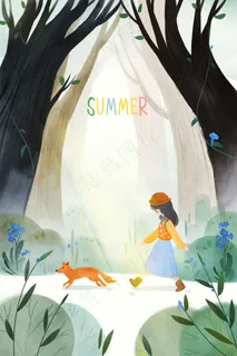 特色水墨森林里的女孩