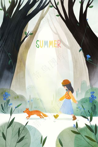 特色水墨森林里的女孩