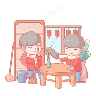 2019农历新年小年扫尘土卡通手绘�,免抠元素