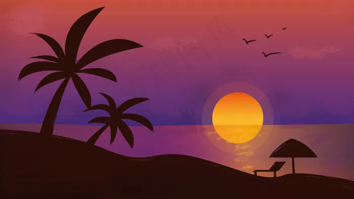 扁平风夏日海滩棕榈树落日配图(2880*1620px 300 dpi )ai矢量模版下载