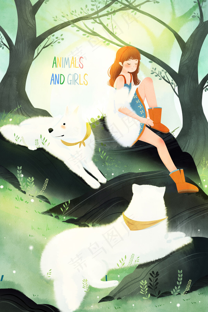 水彩女孩与白狼配图