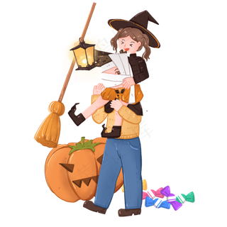 万圣节装扮鬼怪出游的父女,免抠元素