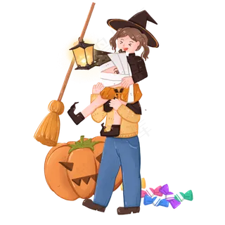 万圣节装扮鬼怪出游的父女,免抠元素