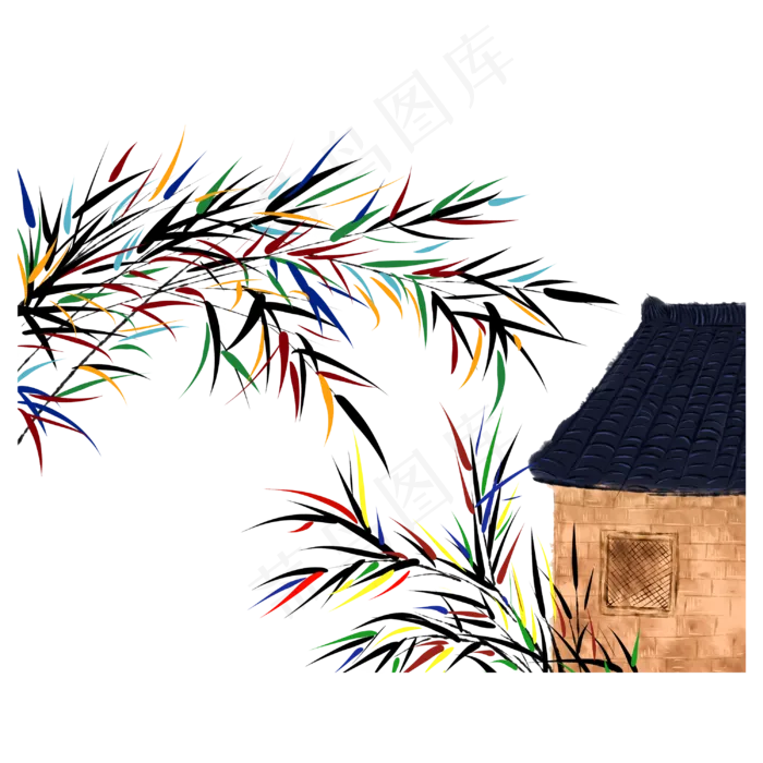 国画山水彩竹村(3000X3000(DPI:300))psd模版下载