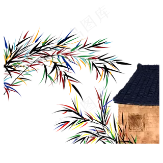 国画山水彩竹村