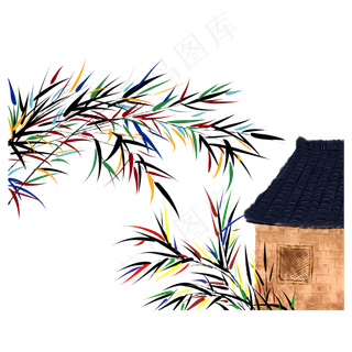 国画山水彩竹村