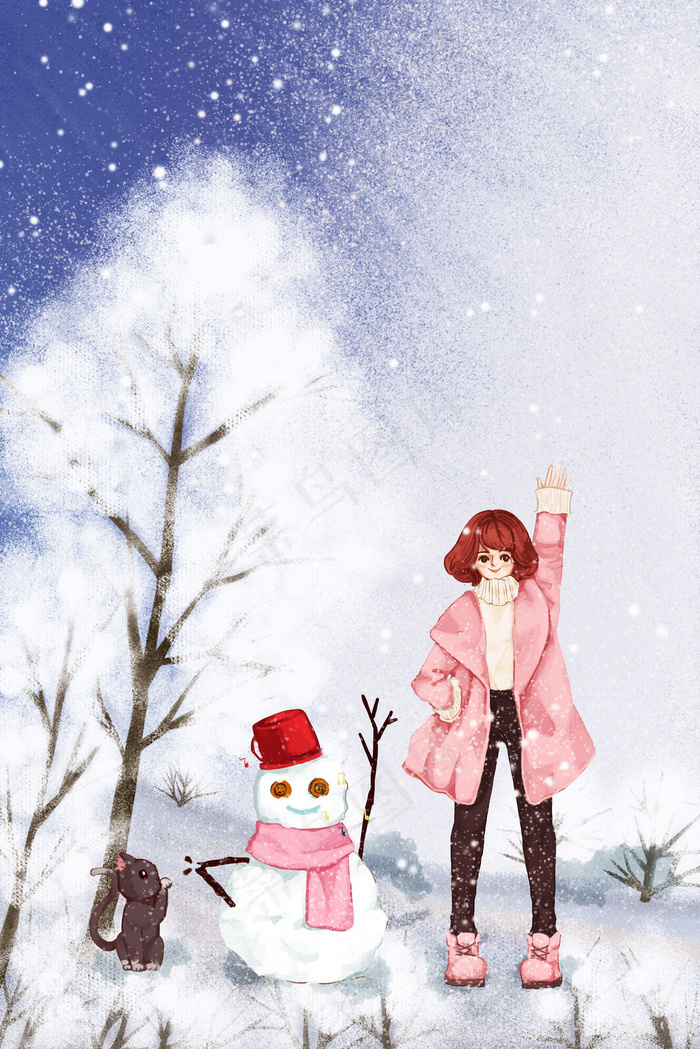 二十四节气立冬雪天女孩堆雪人海报