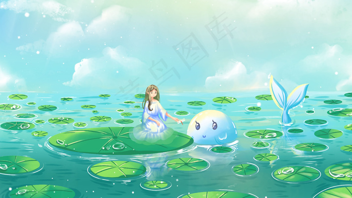 绿色唯美卡通小清新夏季夏日荷叶儿童节配图(2880*1620px 300 dpi )psd模版下载