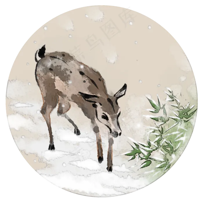 中国风水墨画梅花鹿踏雪叶子(2000X2000(DPI:300))psd模版下载