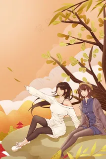 橙色黄色秋天立秋扁平噪点风女孩登山散步