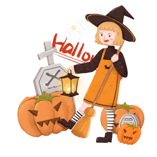 万圣节墓碑旁提灯的小魔女,免抠元素