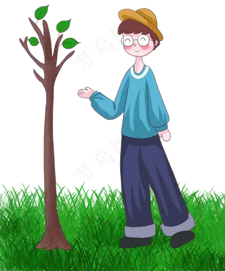 矢量手绘卡通人物植树