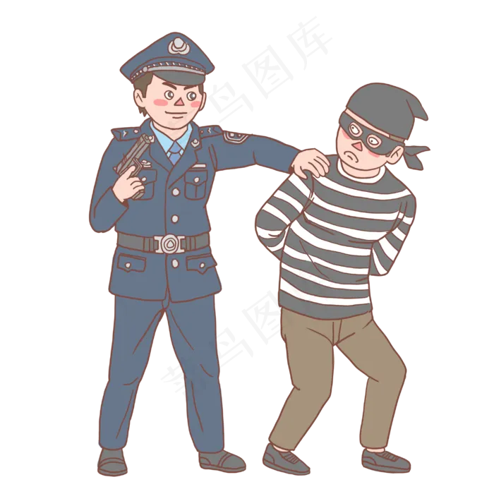 警察抓小偷卡通手绘,免抠元素(3000*3000px 300 dpi )psd模版下载