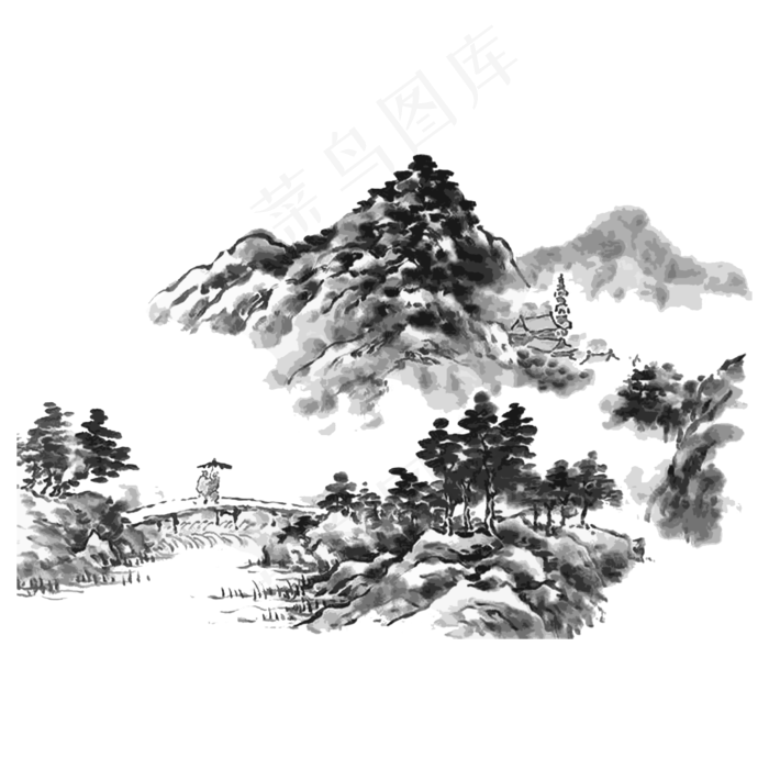 水墨山水东方简约国画PNG,免抠元素