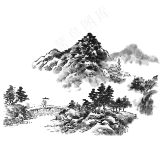 水墨山水东方简约国画PNG,免抠元素