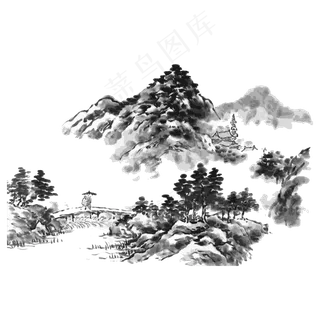 水墨山水东方简约国画PNG,免抠元素