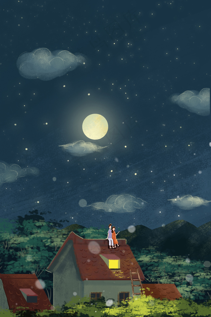 夏日屋顶夜晚看星星治愈系