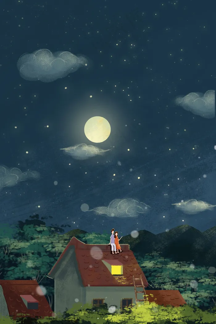 夏日屋顶夜晚看星星治愈系