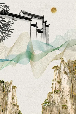 新中式古建筑米白色中国风装饰画