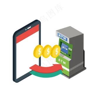 2.5D立体手机银行轴测图,免抠元素
