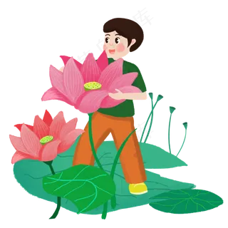 男孩采摘粉红荷花