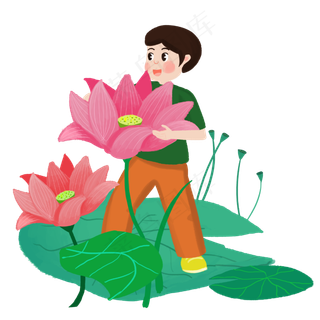 男孩采摘粉红荷花