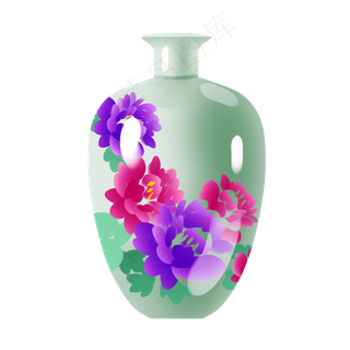手绘中国风墨彩鲜花印花瓷瓶,免抠元素