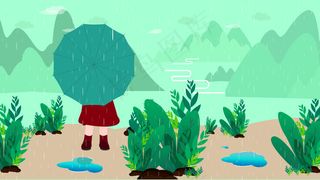 清明雨季撑伞的小女孩