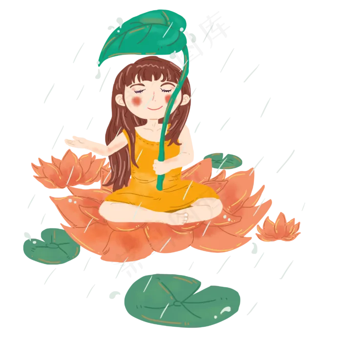 谷雨拿这叶子挡雨的小女孩(3000X3000(DPI:300))psd模版下载