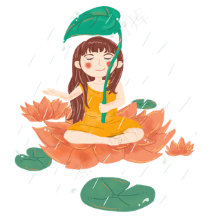 谷雨拿这叶子挡雨的小女孩