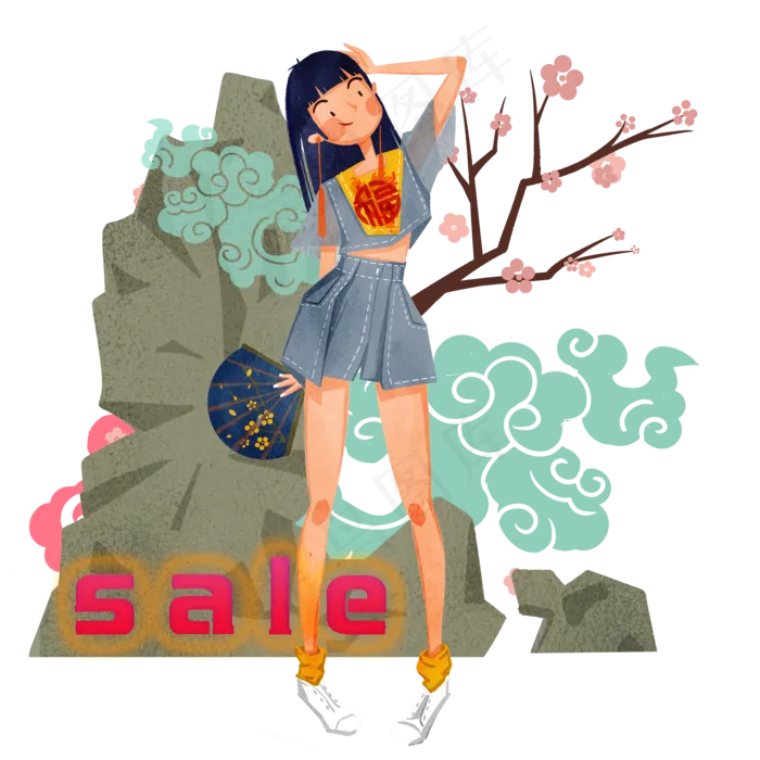 国潮可爱少女校服福字折扣,免抠元素(3500X3500(DPI:300))psd模版下载