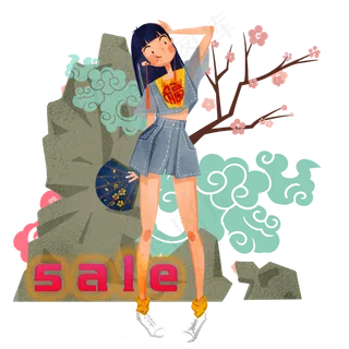 国潮可爱少女校服福字折扣,免抠元素