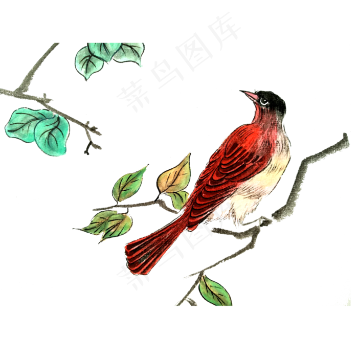 国画水墨雀鸟红色春色树枝PNG,免抠元素