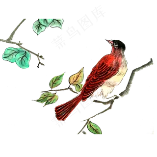 国画水墨雀鸟红色春色树枝PNG,免抠元素