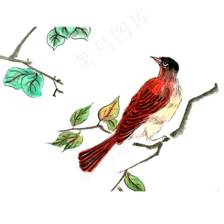 国画水墨雀鸟红色春色树枝PNG,免抠元素