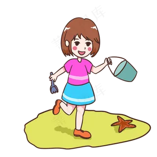 沙滩上玩耍的女孩手绘夏天