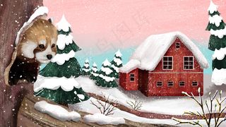 雪天小浣熊藏身树洞冬景