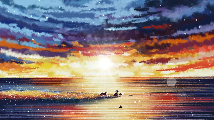 夏天夕阳黄昏河边放纸船(2880*1620px 300 dpi )