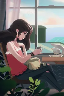 坐在窗边的女生和她的猫