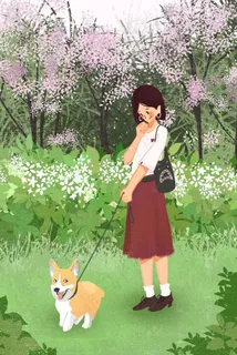 五一劳动节遛狗女孩