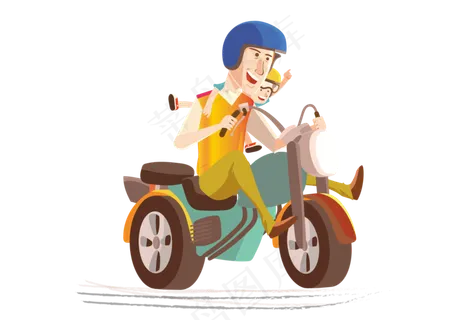 卡通骑摩托车的快乐父子